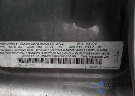 2006 Volkswagen Jetta Value Edition z USA, uszkodzony, nr VIN 3VWPG71KX6M805199